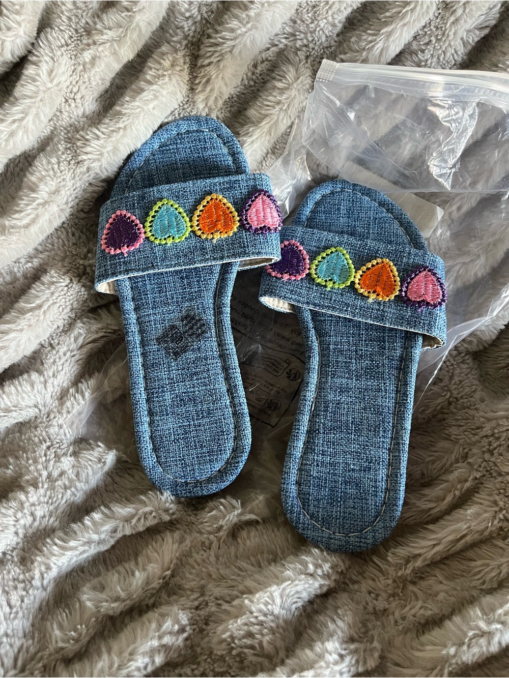 Denim Slide Sandals with Colorful Heart Embroidery Sz 34(2-3)